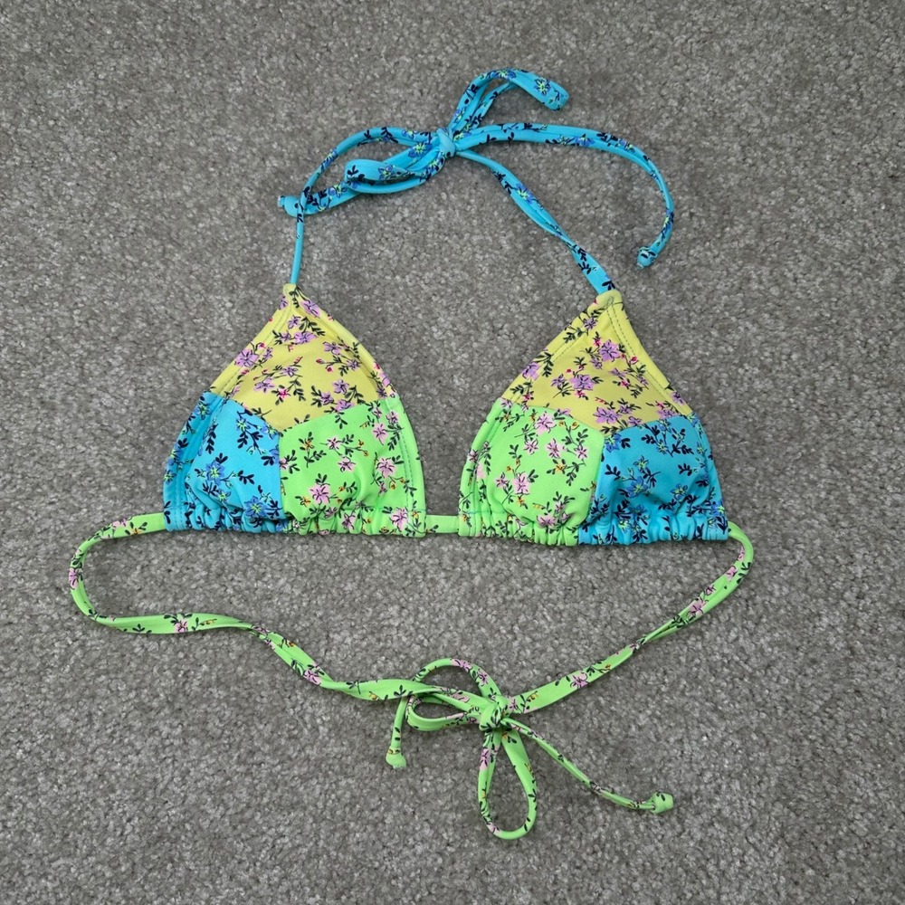 Floral Patchwork Triangle Bikini Top Neon Green Blue Yellow Halter Swimwear sz S